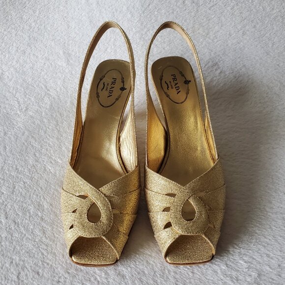 Prada Gold Metallic Peep-toe Slingback Wedge Sandals - Picture 2 of 7
